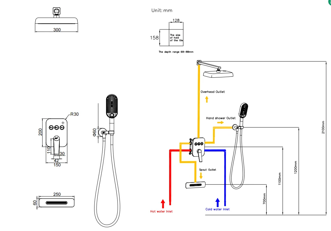 Single level concealed shower mixer 3 fuction