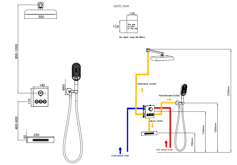 Thermostatic concealed shower mixer 3fuction