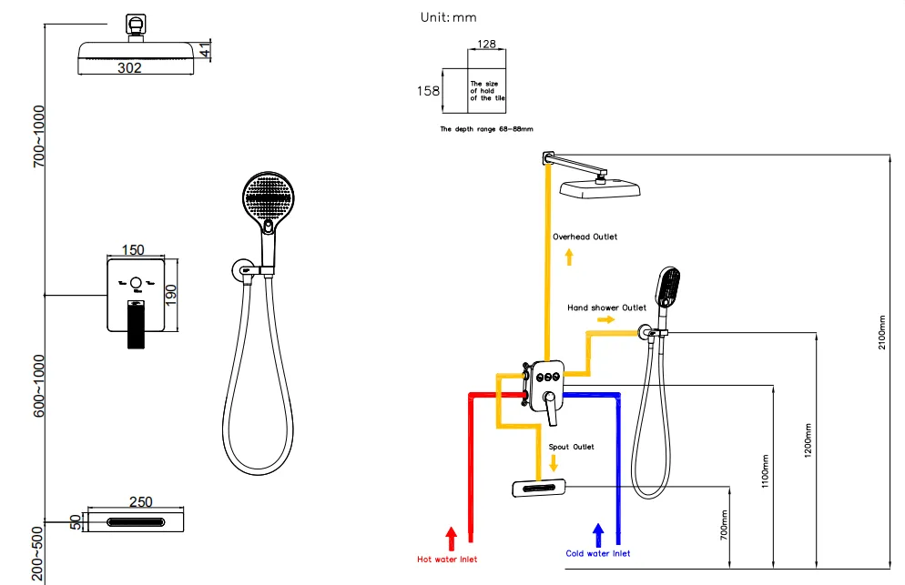 Single level concealed shower mixer 3fuction